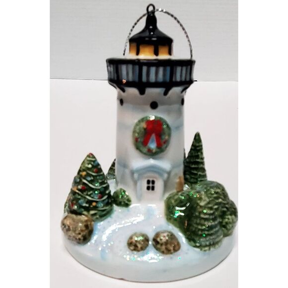 Lighthouse Christmas Ornament Ceramic Wreath On Door Trees Rocks Sparkle Giltter - Picture 1 of 10
